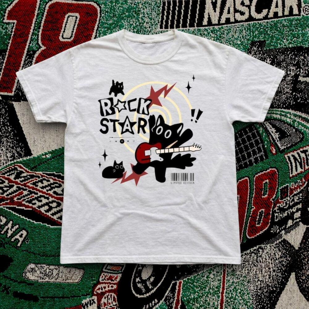 Rock Star Black Cat Guitar Graphic Tee White Unisex Shirt